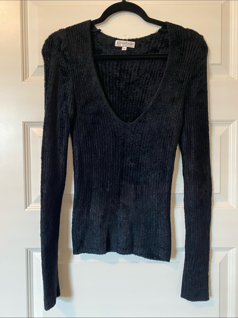 Vintage Y2K bebe Black Ribbed Deep V-Neck Long Sleeve Top
